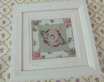 Hand stitched Vintage Rose Patchwork Appliqué Textile Art Framed Picture