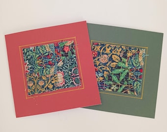 William Morris Textile Art Note Cards Fabric Collage Thank you cards Boho Red Green Gold Birthday cards pack of 2 rich dark colours