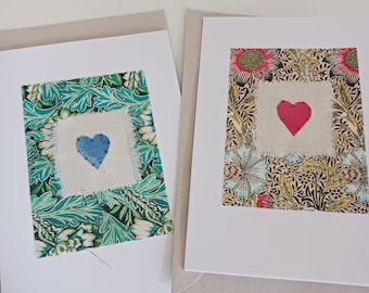 William Morris Fabric Hand Stitched Cards with Hand Painted Hearts - pack of 2