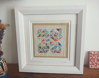 Hand stitched Vintage Patchwork Quilt style Appliqué Textile Art Framed Picture