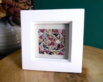 Hand stitched Vintage Patchwork Quilt style Textile Art Miniature Framed Picture