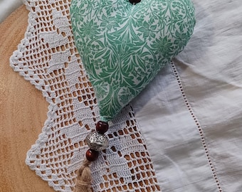 William Morris 'Bluebell' fabric boho beaded tassel hanging heart decoration