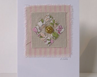 Patchwork of Vintage Fabric with Flower Button Card