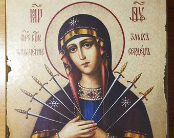 Seven-arrows Most Holy Theotokos, antique orthodox icon, Handmade custom icons
