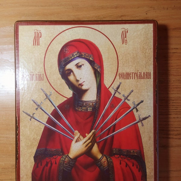 Sainte Mère de Dieu à sept flèches, trois variantes d'une icône orthodoxe antique, icônes personnalisées faites à la main