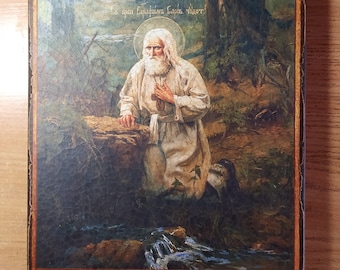Święty czcigodny Serafin z Sarowa Cudotwórca w lesie, prawosławna ikona wykonana ręcznie, dar dla wierzącego.