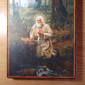 Saint Reverend Seraphim of Sarov Wonderworker in the forest, Orthodox handmade icon, a gift to the believer.