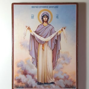 Bescherming van de Heilige Maagd Maria, bescherming van de Allerheiligste Theotokos, handgemaakte kopie van het oude icoon van de Moeder Gods