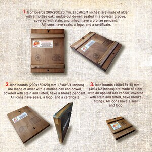 May include: Wooden icon boards in various sizes, made of alder wood with bronze accents. The boards are stained and tinted, featuring a mortise oak end dowel or applied oak veneer. Each icon has a seal, logo, and certificate.