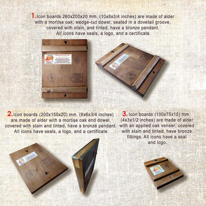 May include: Wooden icon boards in various sizes, made of alder wood with bronze accents. The boards are stained and tinted, featuring a mortise oak end dowel or applied oak veneer. Each icon has a seal, logo, and certificate.