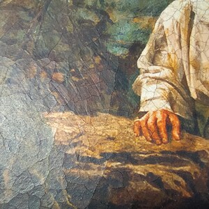 May include: A close-up of a painting depicting a hand reaching out from a white garment. The hand is resting on a textured, brown surface. The background is a blurred image of green foliage.