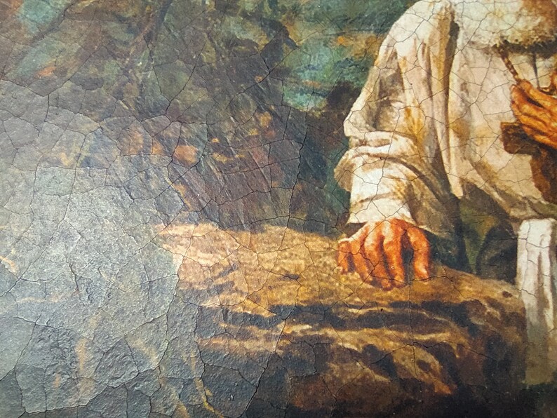 May include: A close-up of a painting depicting a hand reaching out from a white garment. The hand is resting on a textured, brown surface. The background is a blurred image of green foliage.