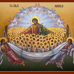 May include: A religious icon depicting Jesus Christ surrounded by a multitude of angels. The icon is painted in a traditional style with vibrant colors and gold accents. The text "T&aacute; &aacute;ga" and "NHPn&aacute;" is visible at the top of the icon.