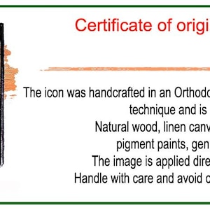 May include: A certificate of origin for an icon, featuring the "Art Studio Antic" logo in red and black. The text states the icon is handcrafted in an Orthodox workshop using an exclusive technique and is a replica. Materials include natural wood, linen canvas, and pigment paints.