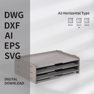 Puede incluir: Un organizador de papel gris horizontal tamaño A3 con tres estantes. El texto "DWG, DXF, AI, EPS, SVG" está a la izquierda, y "A3 Horizontal Type" en la parte superior. Las palabras "DESCARGA DIGITAL" están en la parte inferior.