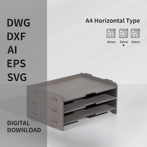 May include: A gray, horizontal A4-sized paper organizer with three shelves. The text on the left side reads "DWG, DXF, AI, EPS, SVG, DIGITAL DOWNLOAD." The top right corner shows icons with measurements of 4mm, 5mm, and 6mm.