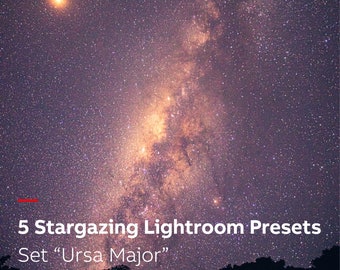 May include: A night sky with a bright star and the Milky Way galaxy visible. The text "5 Stargazing Lightroom Presets Set "Ursa Major"" is at the bottom of the image.