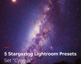 May include: A night sky with a bright Milky Way galaxy and a single star in the top left corner. The text "5 Stargazing Lightroom Presets Set "Cygnus"" is at the bottom of the image.