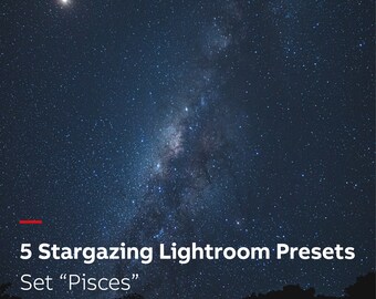 May include: A night sky with a bright Milky Way galaxy and a single star in the upper left corner. The text "5 Stargazing Lightroom Presets Set "Pisces"" is at the bottom of the image.