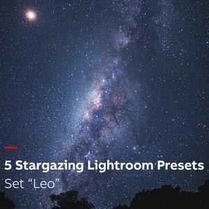 May include: A night sky with a bright star and the Milky Way galaxy visible. The text "5 Stargazing Lightroom Presets Set "Leo"" is at the bottom of the image.