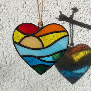 Buntglas-Herz-Sonnenfänger, Sonnenuntergang, Ornament, Geschenk