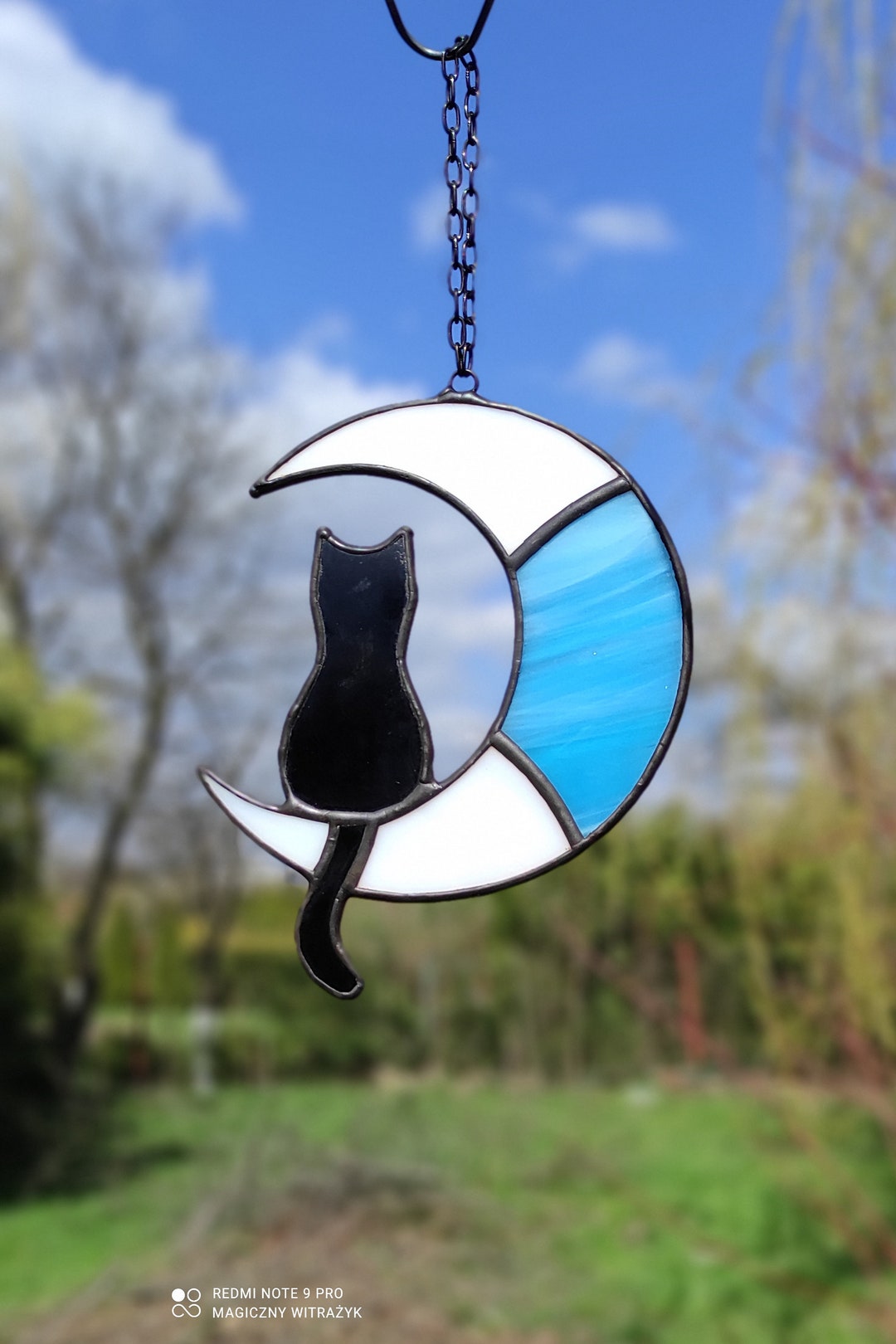 Stained Glass Black Cat on the Moon Suncatcher. Window Ornament