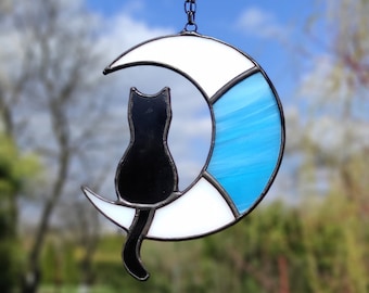Stained glass Black Cat On The Moon Suncatcher. Window ornament, hanging decoration, Crescent moon, Blue, pink..
