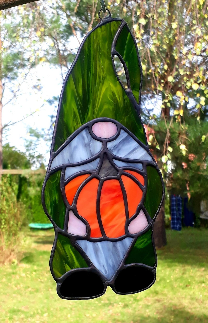 Stained glass gnome suncatcher. Window ornament gnomes glass Etsy