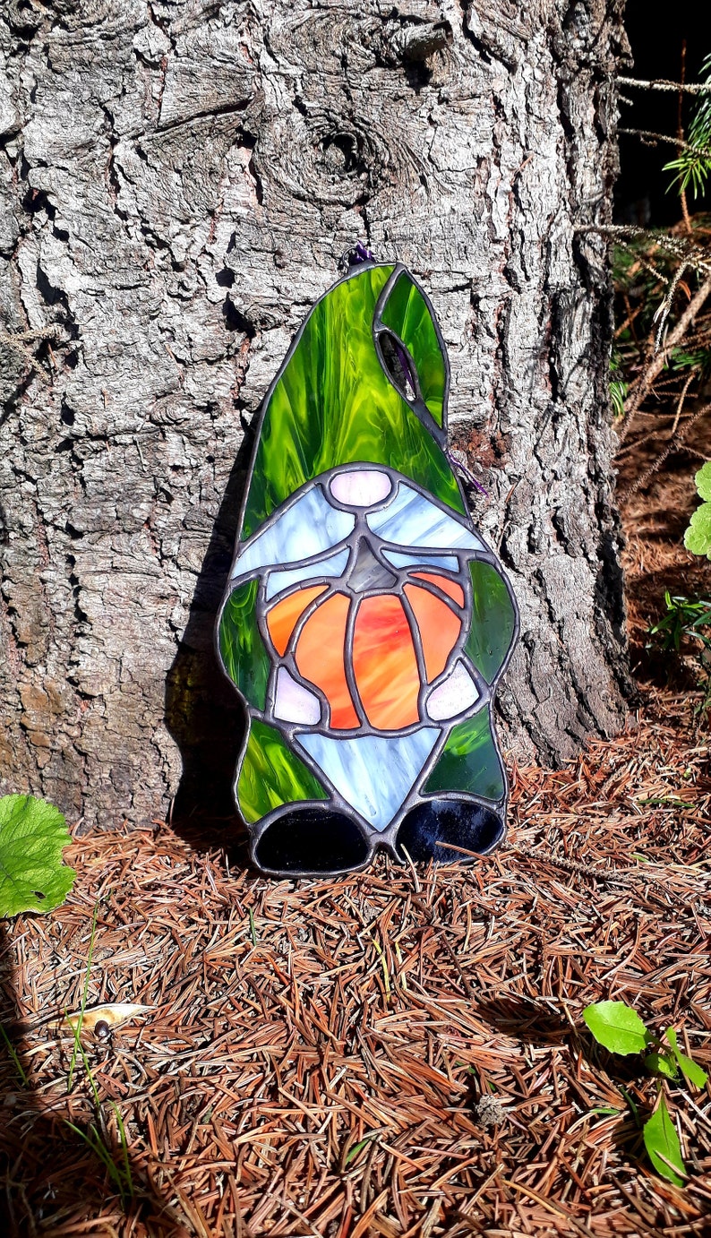 Stained glass gnome suncatcher. Window ornament gnomes glass | Etsy