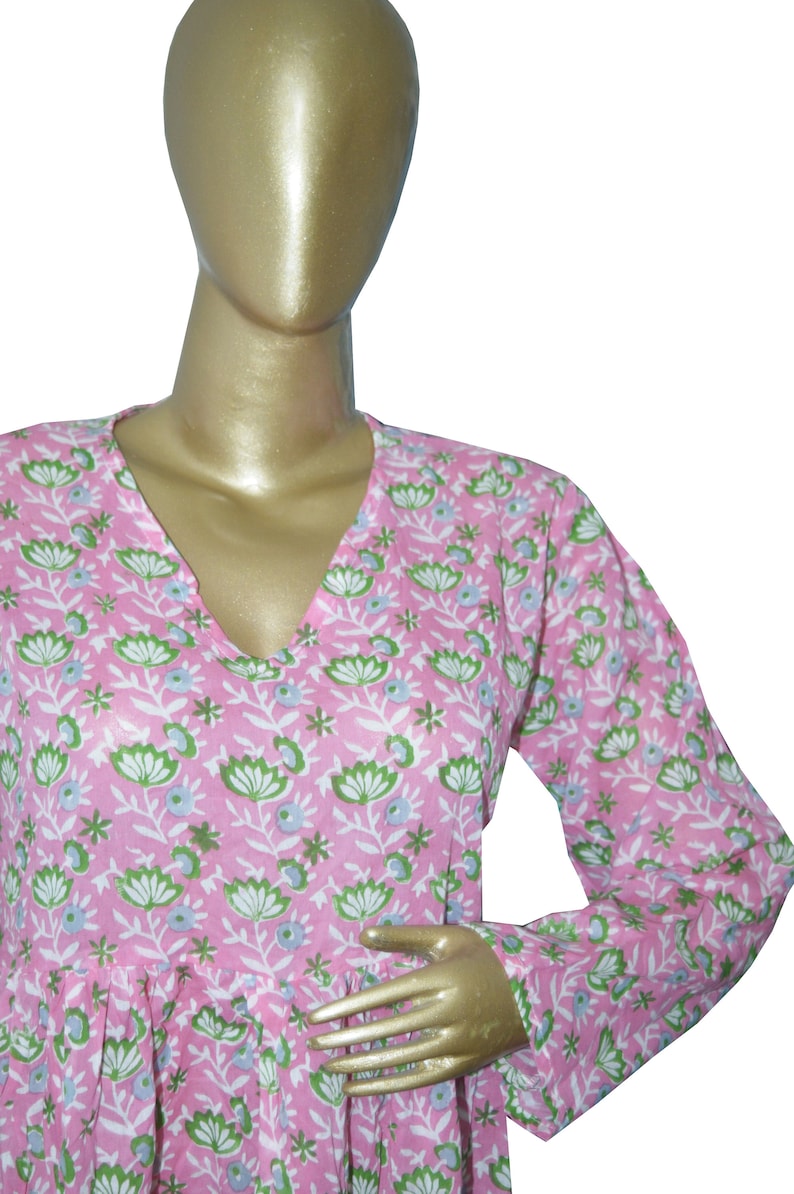 Floral print cotton top hand block printed tunic long evening gown long dress ethnic traditional plus size regular fit dress