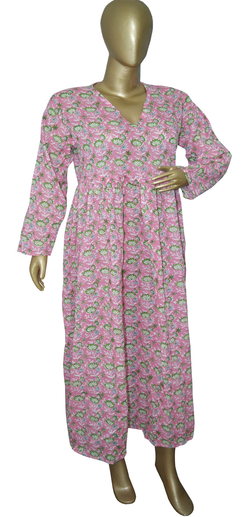 Floral print cotton top hand block printed tunic long evening gown long dress ethnic traditional plus size regular fit dress