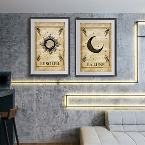 Ensemble d'affiches de cartes de tarot, ensemble d'impressions de cartes de tarot soleil et lune, décor spirituel, art mural céleste, affiche d'astrologie, ensemble d'art de cartes oracle