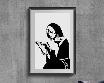 Lustige Nonne Mittelfinger Kunstdruck, feministische Wanddekoration