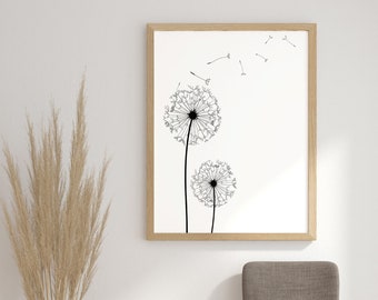 Dandelion Print, Minimalist Black and White Floral Poster