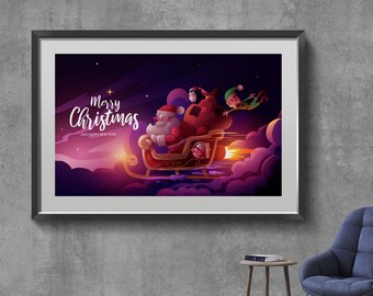 Santa Claus Sleigh Art Print, Christmas Wall Decor