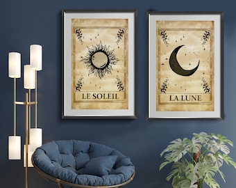 Sun and Moon Tarot Card Print Set, Celestial Wall Art, Vintage Poster, Magical Decor