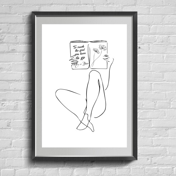 Woman Reading Line Art Print, Sensual Minimalist Home Decor, Balsak Quote Digital Art Gift
