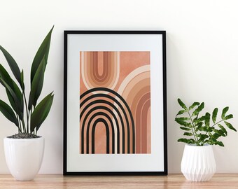 Abstrakt terrakotta regnbågstryck, bohemisk modern konst, grafisk poster, geometrisk canvas