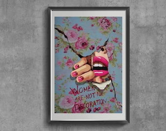 Feminist Art Print, Floral Wallpaper, Retro Vintage Decor, Red Lips Wall Art