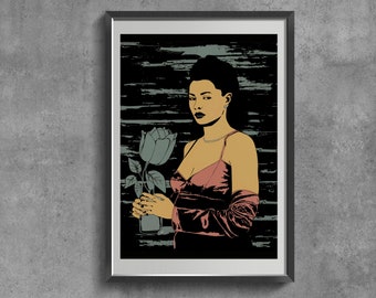 Feminist Art Print, Woman with Rose, Retro Wall Decor, Graphic Poster