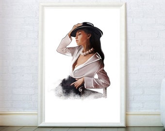 Modeillustration als Kunstdruck, Poster: Brünette Frau mit Perlenkette