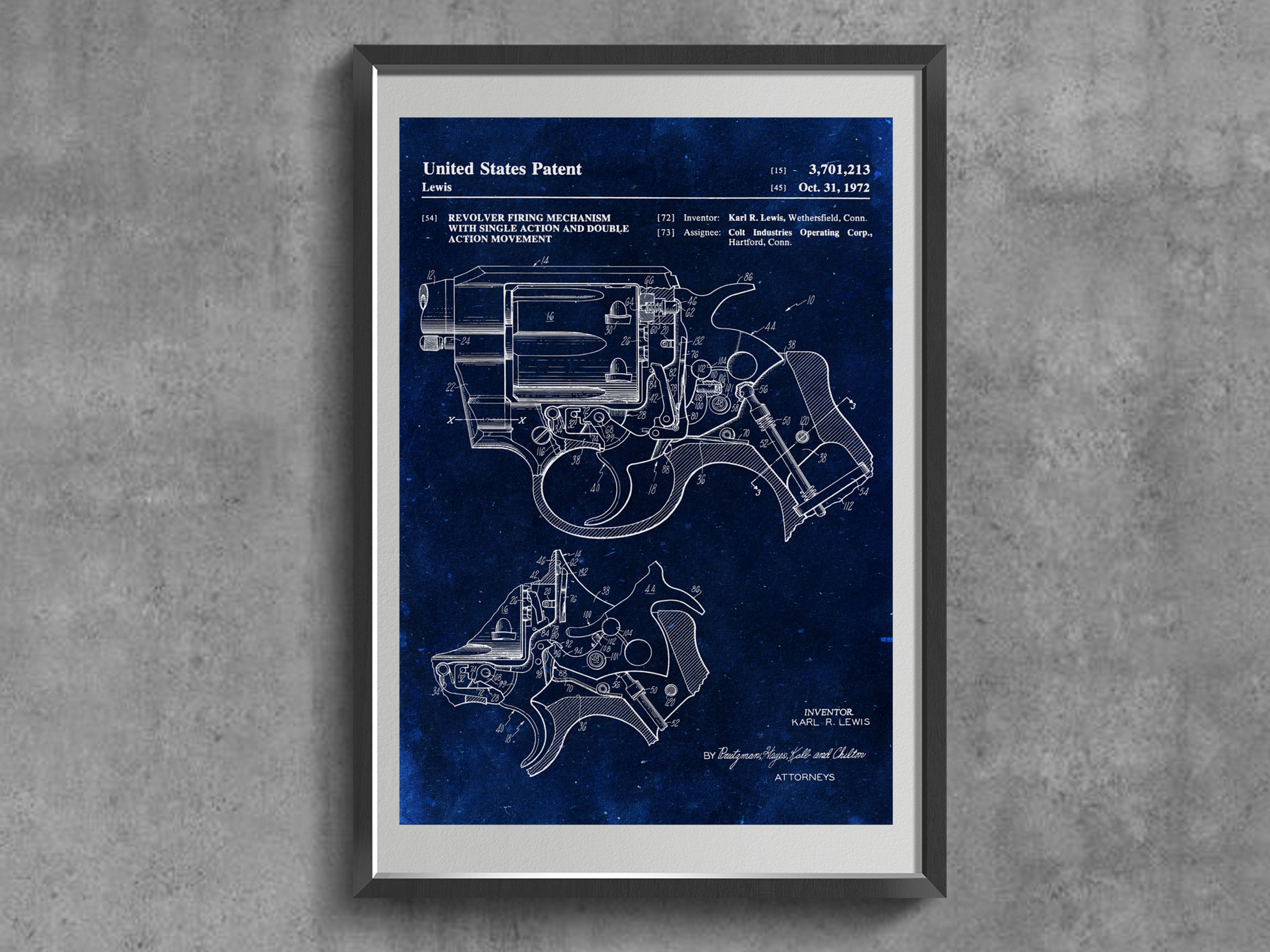 Revolver Technical Drawing. Revolver Patent Print. Vintage Revolver Blueprint. Antique Gun Patent Art. Firearm Invention Illustration.