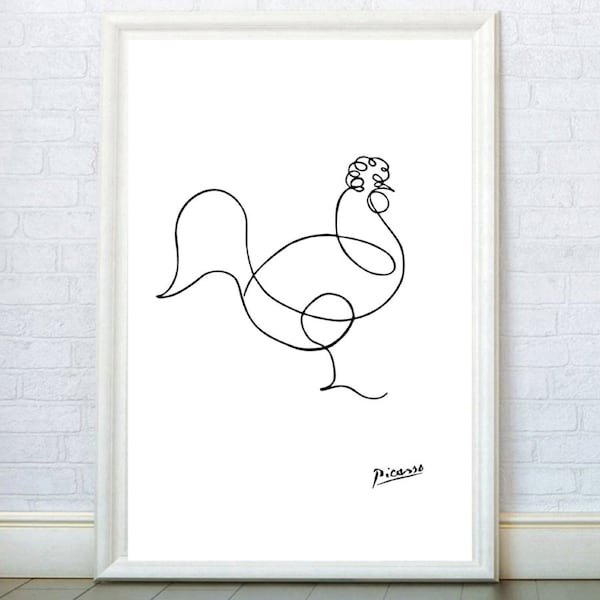 Impression d’art au trait de coq, croquis d’art mural de poulet, décor moderne minimaliste, art mural de bureau scandinave, dessin au trait de poulet