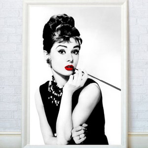Audrey Hepburn Print, Hepburn Photo Red Lips Decor, Living Room Poster, Vintage Canvas Home Gift, Fashion Illustration Wall Art.