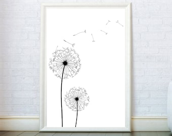 Dandelions Print, Minimalist Black and White Floral Poster, Romantic Gift
