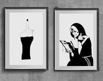 Minimalist Wall Poster, Set of 2 Middle Finger Print, Feminist Art Print, Swearing Gift