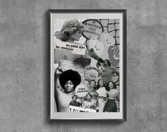 Impresión artística feminista retro, collage "Mujeres unidas", póster vintage