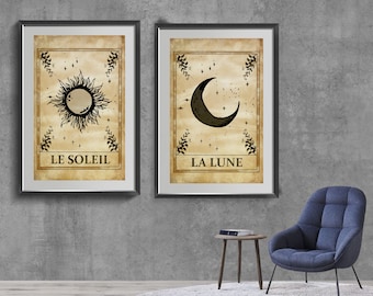 Sun and Moon Tarot Card Print Set, Celestial Wall Art, Vintage Style Posters