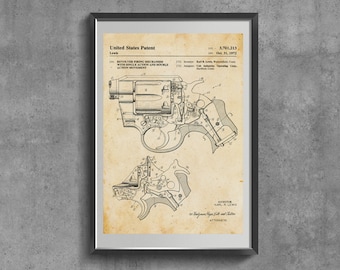 Lámina artística de patente de revólver antiguo, póster de plano de arma de fuego, arte de pared azul
