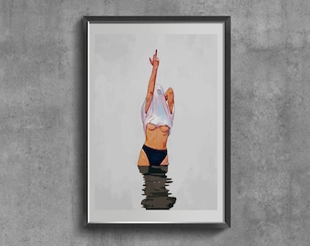 Impresión artística feminista del dedo medio, póster retro minimalista, arte mural con figura femenina